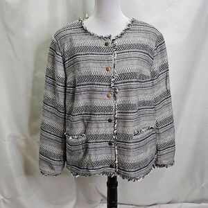 1.State Rustic Fringed Geo-pattern Tweed Jacket In Antique Blue Size 2X